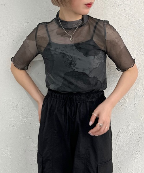 apres jour mignon（アプレジュールミニョン）の「オリジナルシアー柄トップス【ZOZOTOWN限定アイテム】（Tシャツ/カットソー・レディース・ブルー/ブラウン系その他/ブラック・フリー/X-LARGE）」の16枚目の写真