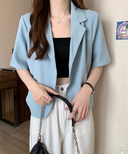 shopnikoniko(ショップニコニコ)の「ショート丈 半袖 テーラードジャケット(テーラードジャケット・レディース・アイボリー/ブラック/ブルー/ピンク/グリーン・フリー)」の5枚目の写真