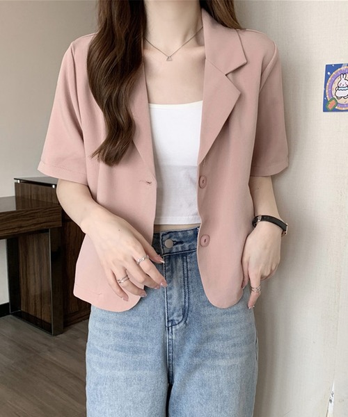 shopnikoniko(ショップニコニコ)の「ショート丈 半袖 テーラードジャケット(テーラードジャケット・レディース・アイボリー/ブラック/ブルー/ピンク/グリーン・フリー)」の10枚目の写真