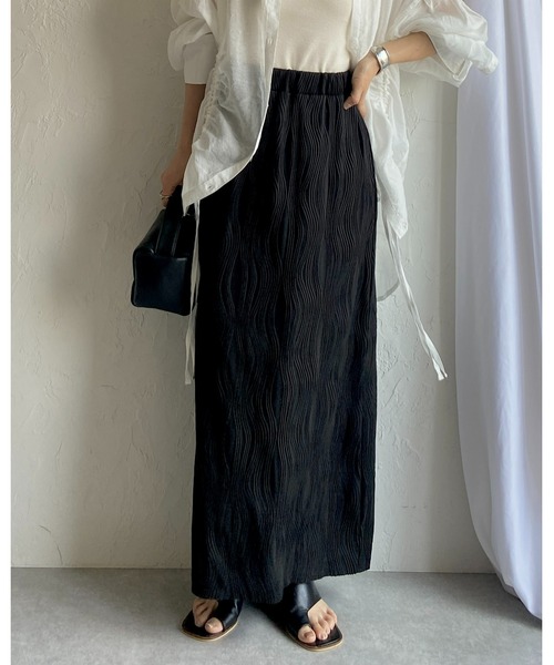 She's Closet(シーズクローゼット)の「セルフカットウェーブ柄Iラインハイウエストプリーツロングスカート(スカート・レディース・グリーン/ブラック・FREE)」の1枚目の写真