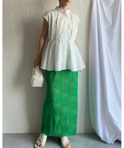 She's Closet(シーズクローゼット)の「セルフカットウェーブ柄Iラインハイウエストプリーツロングスカート(スカート・レディース・グリーン/ブラック・FREE)」の6枚目の写真