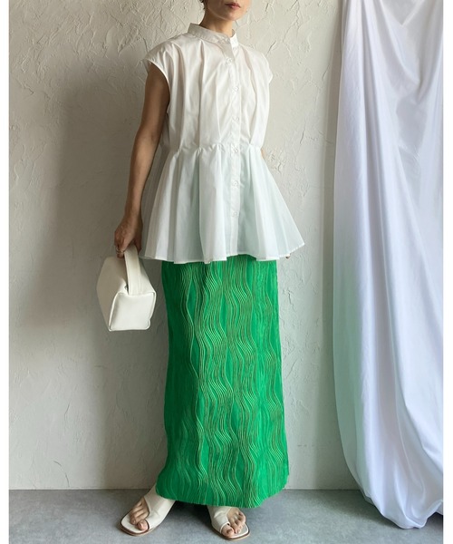 She's Closet(シーズクローゼット)の「セルフカットウェーブ柄Iラインハイウエストプリーツロングスカート(スカート・レディース・グリーン/ブラック・FREE)」の7枚目の写真