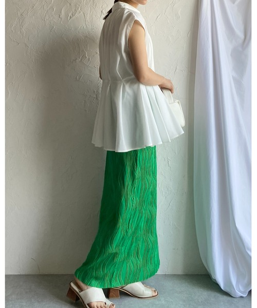 She's Closet(シーズクローゼット)の「セルフカットウェーブ柄Iラインハイウエストプリーツロングスカート(スカート・レディース・グリーン/ブラック・FREE)」の8枚目の写真