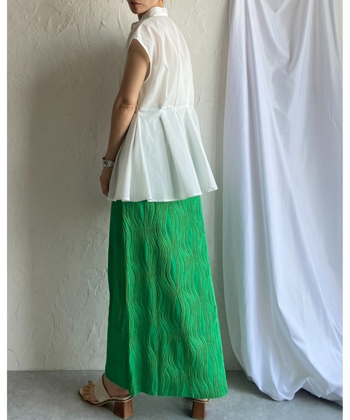 She's Closet(シーズクローゼット)の「セルフカットウェーブ柄Iラインハイウエストプリーツロングスカート(スカート・レディース・グリーン/ブラック・FREE)」の9枚目の写真