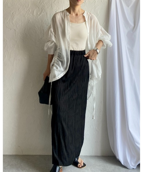 She's Closet(シーズクローゼット)の「セルフカットウェーブ柄Iラインハイウエストプリーツロングスカート(スカート・レディース・グリーン/ブラック・FREE)」の14枚目の写真