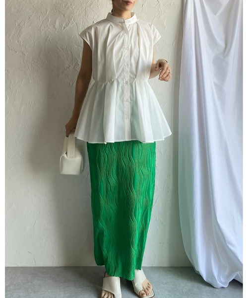 She's Closet(シーズクローゼット)の「セルフカットウェーブ柄Iラインハイウエストプリーツロングスカート(スカート・レディース・グリーン/ブラック・FREE)」の15枚目の写真