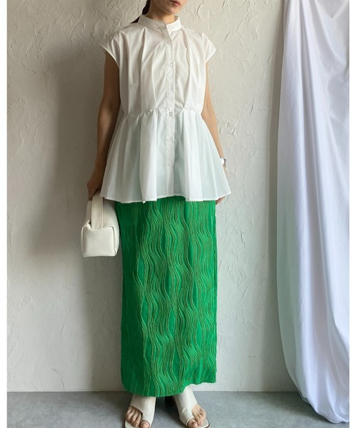 She's Closet(シーズクローゼット)の「セルフカットウェーブ柄Iラインハイウエストプリーツロングスカート(スカート・レディース・グリーン/ブラック・FREE)」の16枚目の写真