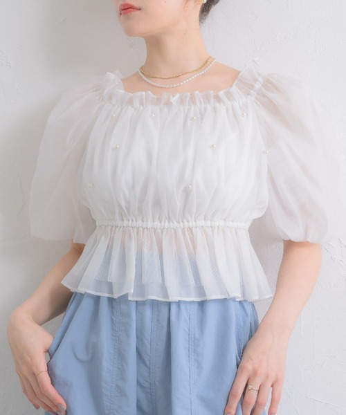 美品 マチャット ホワイト バルーンスリーブ シャツ ふわ～っとしたブラウス。ma couleur-2WAYジョーゼットバルーン