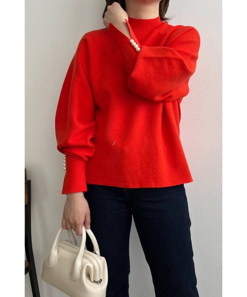 palm RICHE（ポームリシュ）の「ミラノリブ袖パールニット（ニット/セーター・レディース・ベージュ/オレンジ/オフホワイト/ターコイズブルー/ブラック/サックスブルー/ピンク・M）」の21枚目の写真