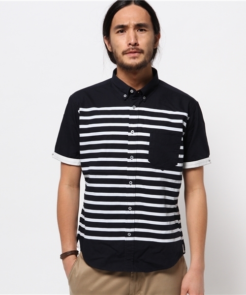 CIAOPANIC TYPY（チャオパニックティピー）の「綿麻半袖ボーダーBDシャツ（シャツ/ブラウス・メンズ・ホワイト/ネイビー・MEDIUM/LARGE/SMALL）」の2枚目の写真