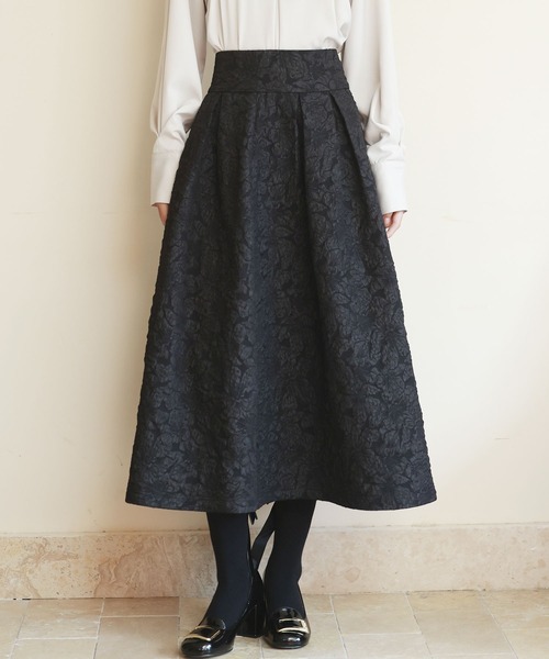 ＊最終＊OBLI ハイウエストグリーンジャガードスカート リリーオブバリー Lily of Valley フレア Aライン ひざ丈