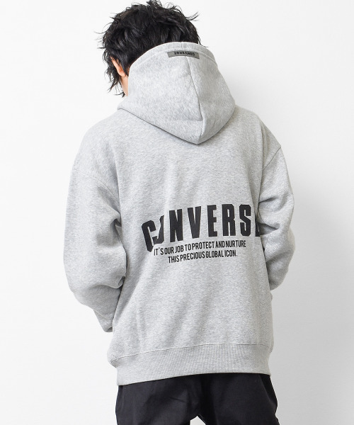 CONVERSE(コンバース)の「【裏起毛】CONVERSE 別注バックプリントフーディートレーナー(パーカー・キッズ・グレイッシュベージュ/杢グレー/ブラック・150/160/140/130)」の1枚目の写真