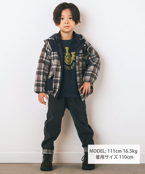 SLAP SLIP(スラップスリップ)の「タフタ切替中綿チェック柄コート(80~130cm)(ブルゾン・キッズ・ブラウン系その他/ブルー系その他2・90cm/110cm/100cm/120cm/130cm/80cm)」の3枚目の写真