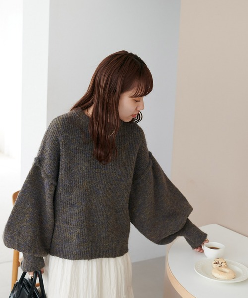 アプ♡ティアードギャザー袖ニット♡ 前後2WAY クルーネック フェザー ニット カーディガン[品番