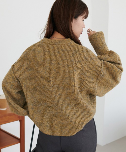アプ♡ティアードギャザー袖ニット♡ 前後2WAY クルーネック フェザー ニット カーディガン[品番