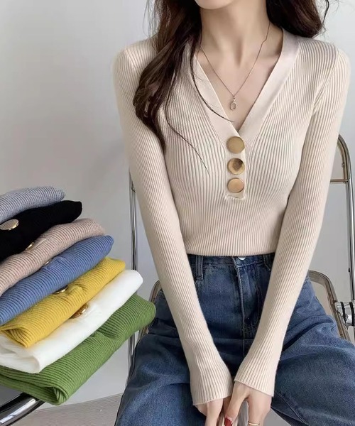 MAISON DE THERESE(メゾン ド テレーズ)の「Vネックニットトップス(ニット/セーター・レディース・モカ/グリーン/ライトベージュ/ブラック/グレー/イエロー/ホワイト・M)」の5枚目の写真