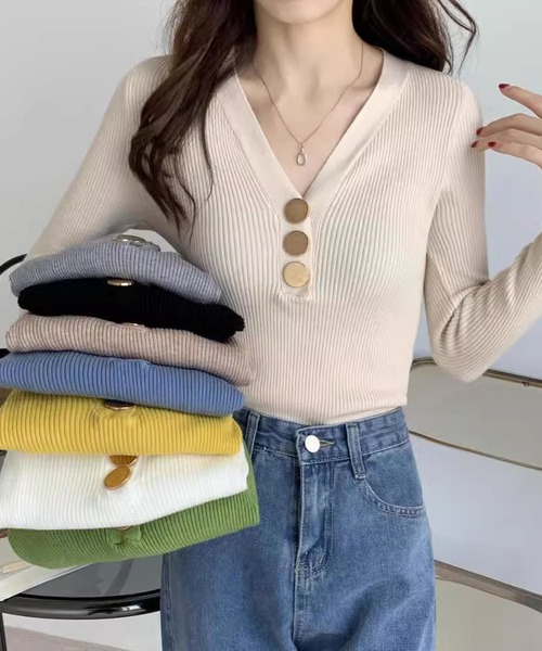 MAISON DE THERESE(メゾン ド テレーズ)の「Vネックニットトップス(ニット/セーター・レディース・モカ/グリーン/ライトベージュ/ブラック/グレー/イエロー/ホワイト・M)」の11枚目の写真