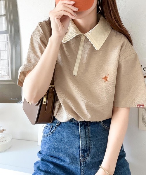 Java(ジャバ)の「《Javaジャバコラボ》一点投入で好印象コーデ。ワンポイント刺繍サッカー素材ハーフジッププルオーバー(Tシャツ/カットソー・レディース・モカ/アイボリー/ブルー/ネイビー系/オフホワイト・LARGE/MEDIUM/SMALL/X-LARGE)」の4枚目の写真