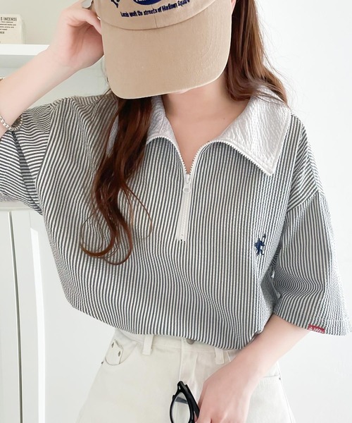 Java(ジャバ)の「《Javaジャバコラボ》一点投入で好印象コーデ。ワンポイント刺繍サッカー素材ハーフジッププルオーバー(Tシャツ/カットソー・レディース・モカ/アイボリー/ブルー/ネイビー系/オフホワイト・LARGE/MEDIUM/SMALL/X-LARGE)」の6枚目の写真