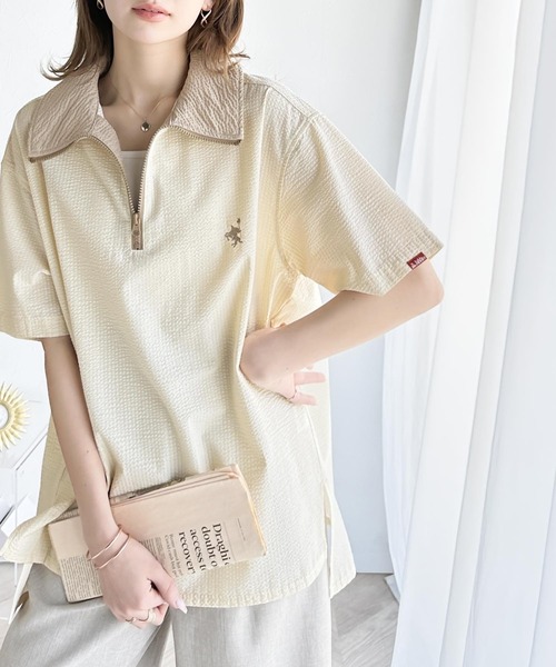 Java(ジャバ)の「《Javaジャバコラボ》一点投入で好印象コーデ。ワンポイント刺繍サッカー素材ハーフジッププルオーバー(Tシャツ/カットソー・レディース・モカ/アイボリー/ブルー/ネイビー系/オフホワイト・LARGE/MEDIUM/SMALL/X-LARGE)」の17枚目の写真