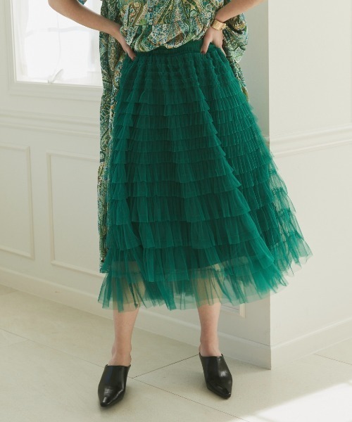manana suerte（マニャーナスエルテ）の「チュールレースティアードロングスカート（スカート・レディース・ブラック/ベージュ/オフホワイト/ブルー/グリーン・FREE）」の6枚目の写真