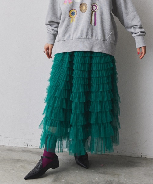 manana suerte（マニャーナスエルテ）の「チュールレースティアードロングスカート（スカート・レディース・ブラック/ベージュ/オフホワイト/ブルー/グリーン・FREE）」の13枚目の写真