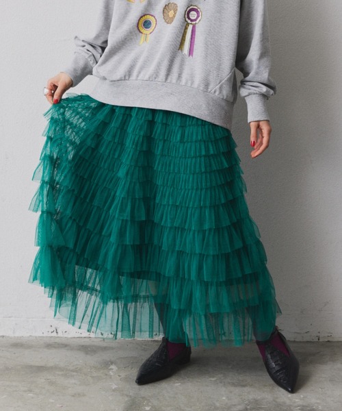 manana suerte（マニャーナスエルテ）の「チュールレースティアードロングスカート（スカート・レディース・ブラック/ベージュ/オフホワイト/ブルー/グリーン・FREE）」の14枚目の写真