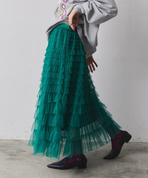 manana suerte（マニャーナスエルテ）の「チュールレースティアードロングスカート（スカート・レディース・ブラック/ベージュ/オフホワイト/ブルー/グリーン・FREE）」の16枚目の写真