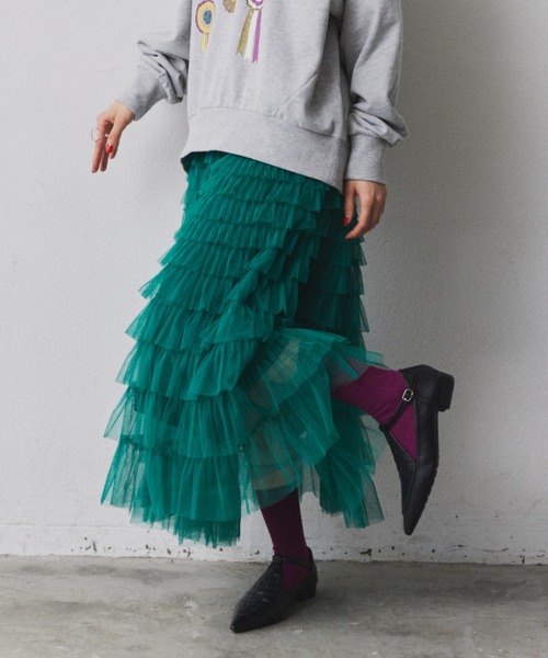 manana suerte（マニャーナスエルテ）の「チュールレースティアードロングスカート（スカート・レディース・ブラック/ベージュ/オフホワイト/ブルー/グリーン・FREE）」の15枚目の写真