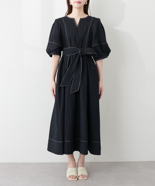 natural couture（ナチュラルクチュール）の「ランタンスリーブワンピース（ワンピース・レディース・ブラック/インディゴブルー/ベージュ/ドット・MEDIUM/LARGE）」の7枚目の写真