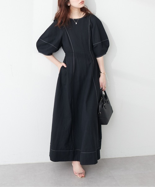 natural couture（ナチュラルクチュール）の「ランタンスリーブワンピース（ワンピース・レディース・ブラック/インディゴブルー/ベージュ/ドット・MEDIUM/LARGE）」の18枚目の写真