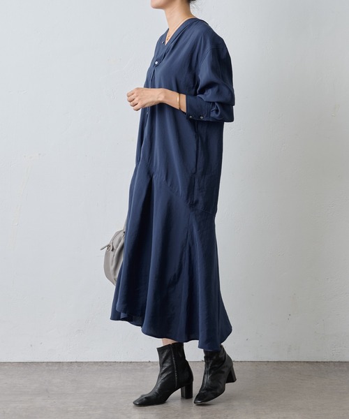 美品 BEARDSLEY シャツワンピース ロング丈 長袖 白 BEARDSLEY ワンピース カラーレスシャツワンピース : ZOZOTOWN