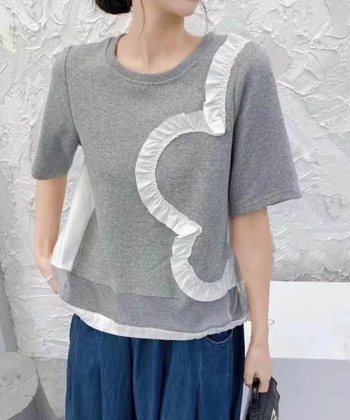 GEMEDA(ジェメダ)の「パッチワーク風半袖トップス(Tシャツ/カットソー・レディース・ホワイト/ライトグレー/ブラック・M)」の1枚目の写真