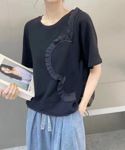 GEMEDA(ジェメダ)の「パッチワーク風半袖トップス(Tシャツ/カットソー・レディース・ホワイト/ライトグレー/ブラック・M)」の3枚目の写真