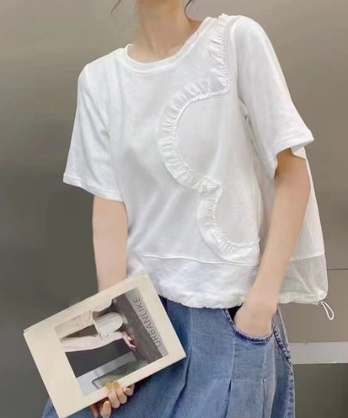 GEMEDA(ジェメダ)の「パッチワーク風半袖トップス(Tシャツ/カットソー・レディース・ホワイト/ライトグレー/ブラック・M)」の4枚目の写真