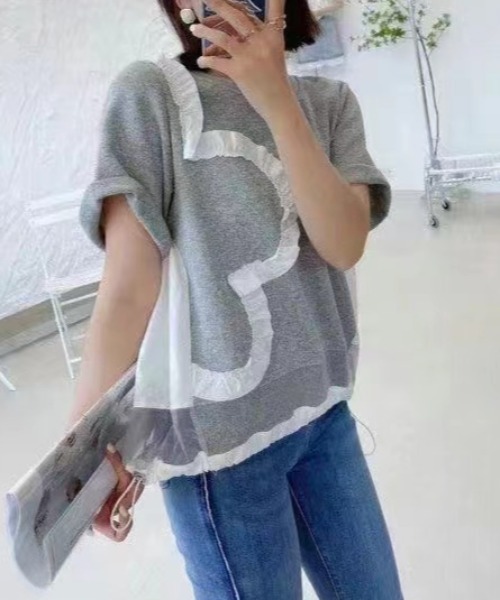 GEMEDA(ジェメダ)の「パッチワーク風半袖トップス(Tシャツ/カットソー・レディース・ホワイト/ライトグレー/ブラック・M)」の5枚目の写真