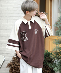 neos | 【neos】ルーズシルエット ワッペン ロゴ サガラ刺繍 ライン ラグラン ハーフスリーブ ポロシャツ(ポロシャツ)