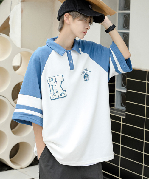 neos(ネオス)の「【neos】ルーズシルエット ワッペン ロゴ サガラ刺繍 ライン ラグラン ハーフスリーブ ポロシャツ(ポロシャツ・メンズ・ホワイト×ブラウン/ホワイト×ブルー・X-LARGE/LARGE/MEDIUM)」の2枚目の写真