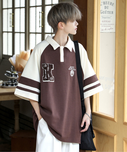 neos(ネオス)の「【neos】ルーズシルエット ワッペン ロゴ サガラ刺繍 ライン ラグラン ハーフスリーブ ポロシャツ(ポロシャツ・メンズ・ホワイト×ブラウン/ホワイト×ブルー・X-LARGE/LARGE/MEDIUM)」の3枚目の写真