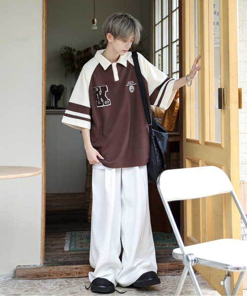 neos(ネオス)の「【neos】ルーズシルエット ワッペン ロゴ サガラ刺繍 ライン ラグラン ハーフスリーブ ポロシャツ(ポロシャツ・メンズ・ホワイト×ブラウン/ホワイト×ブルー・X-LARGE/LARGE/MEDIUM)」の4枚目の写真