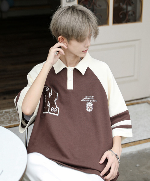 neos(ネオス)の「【neos】ルーズシルエット ワッペン ロゴ サガラ刺繍 ライン ラグラン ハーフスリーブ ポロシャツ(ポロシャツ・メンズ・ホワイト×ブラウン/ホワイト×ブルー・X-LARGE/LARGE/MEDIUM)」の5枚目の写真