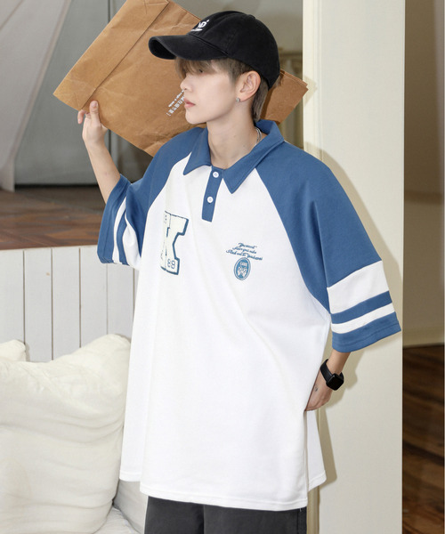 neos(ネオス)の「【neos】ルーズシルエット ワッペン ロゴ サガラ刺繍 ライン ラグラン ハーフスリーブ ポロシャツ(ポロシャツ・メンズ・ホワイト×ブラウン/ホワイト×ブルー・X-LARGE/LARGE/MEDIUM)」の18枚目の写真