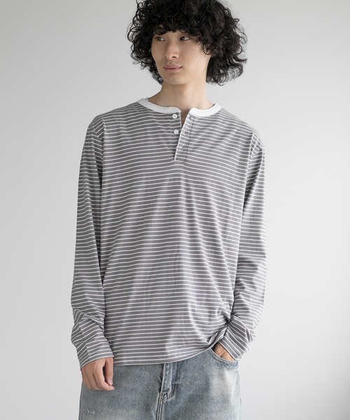 aimoha(アイモハ)の「aimoha men NAUYTICAL STRIPE HENLEY COMFORT TEE(Tシャツ/カットソー・メンズ・ブラック/グレー/ホワイト・LARGE/X-LARGE/XX-LARGE/XXX-LARGE)」の3枚目の写真