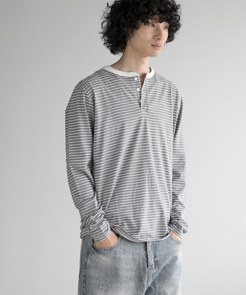 aimoha(アイモハ)の「aimoha men NAUYTICAL STRIPE HENLEY COMFORT TEE(Tシャツ/カットソー・メンズ・ブラック/グレー/ホワイト・LARGE/X-LARGE/XX-LARGE/XXX-LARGE)」の13枚目の写真