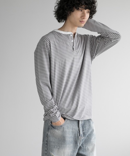 aimoha(アイモハ)の「aimoha men NAUYTICAL STRIPE HENLEY COMFORT TEE(Tシャツ/カットソー・メンズ・ブラック/グレー/ホワイト・LARGE/X-LARGE/XX-LARGE/XXX-LARGE)」の14枚目の写真