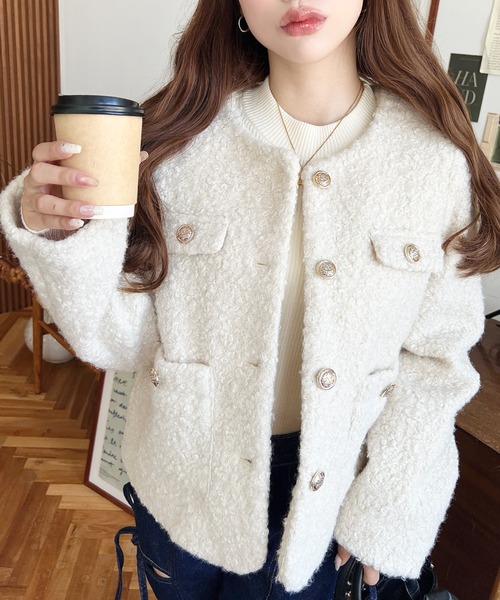 フェイクリングウール金ボタンノーカラージャケット（ノーカラー