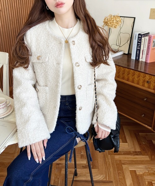 MOSCHINO フラワープリント ノーカラージャケット ノーカラー パイピングショートジャケット FD24W253【Fano