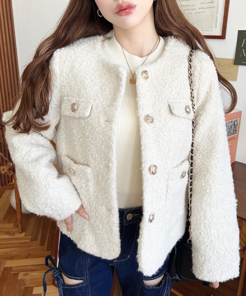 フェイクリングウール金ボタンノーカラージャケット（ノーカラー