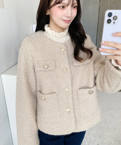 新品✨BEIGE,　ノーカラーリバージャケット　ダブルフェイス　ウール100％ 洗える】CAROLE / リネンライクノーカラーハーフ丈ジャケット