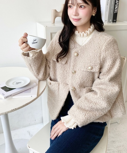 フェイクリングウール金ボタンノーカラージャケット（ノーカラー